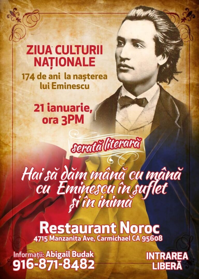 Românii din Sacramento îl celebrează pe Eminescu pe 21 ianuarie! Vezi programul!