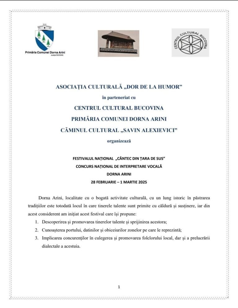 Căminul Cultural „Savin Alexievici” – Dorna Arini anunță festival pe 28 februarie-1 martie 2025