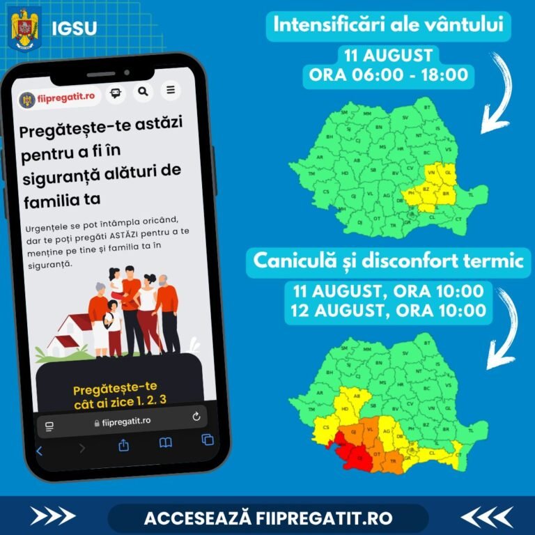 Cod galben de caniculă și vânt puternic în mai multe județe din țară